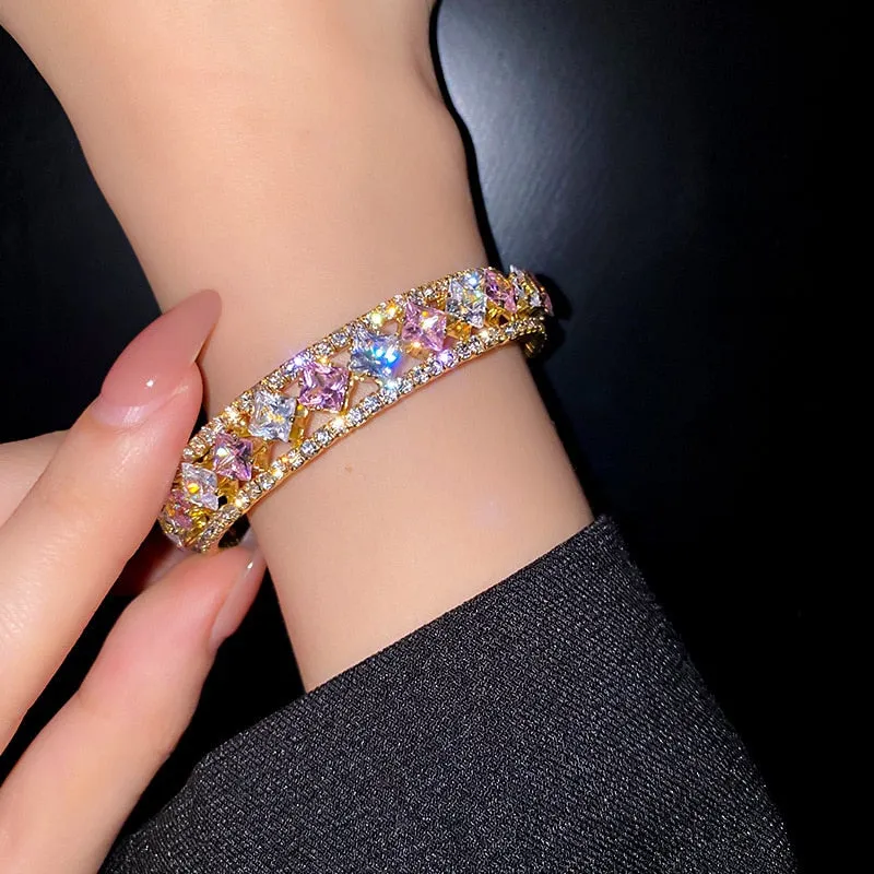 Geometric Zircon Bracelet  Bangles For Women Pink Green Crystal Cuff Bracelets
