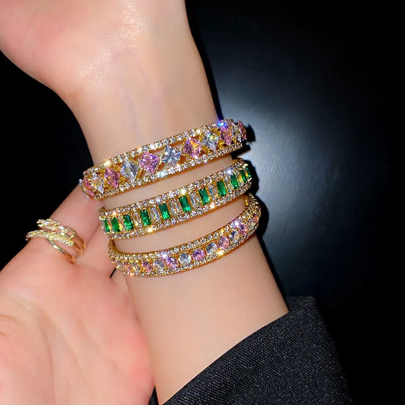 Geometric Zircon Bracelet  Bangles For Women Pink Green Crystal Cuff Bracelets
