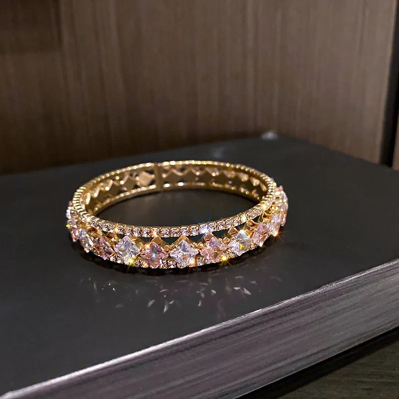 Geometric Zircon Bracelet  Bangles For Women Pink Green Crystal Cuff Bracelets