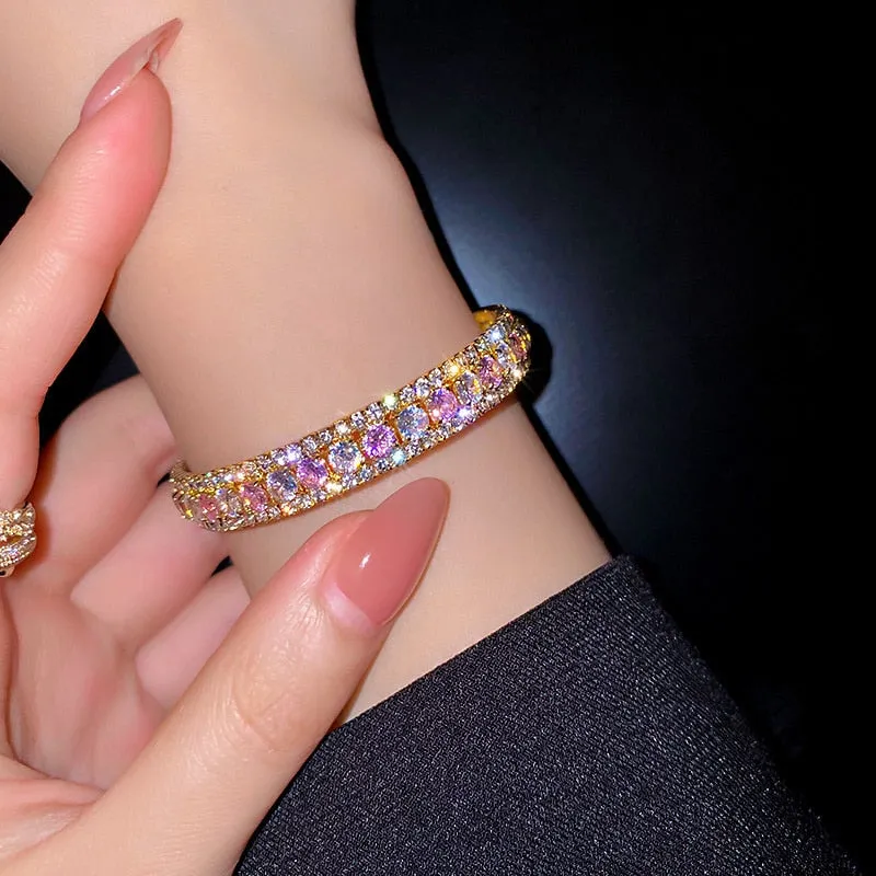 Geometric Zircon Bracelet  Bangles For Women Pink Green Crystal Cuff Bracelets