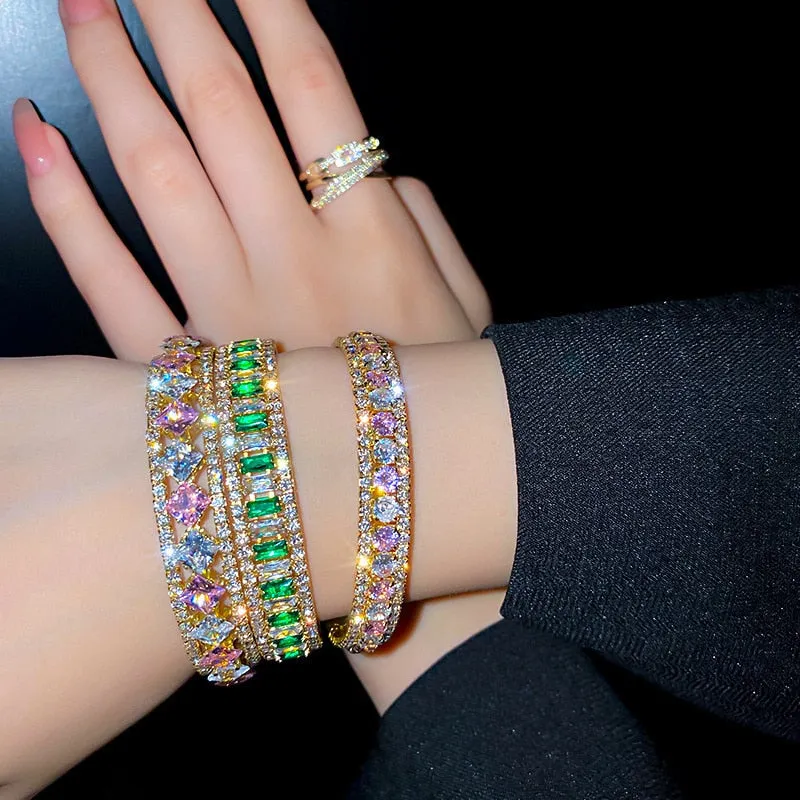 Geometric Zircon Bracelet  Bangles For Women Pink Green Crystal Cuff Bracelets