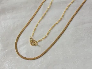 Gold Herringbone and Thin Figaro Toggle Clasp Necklace Set