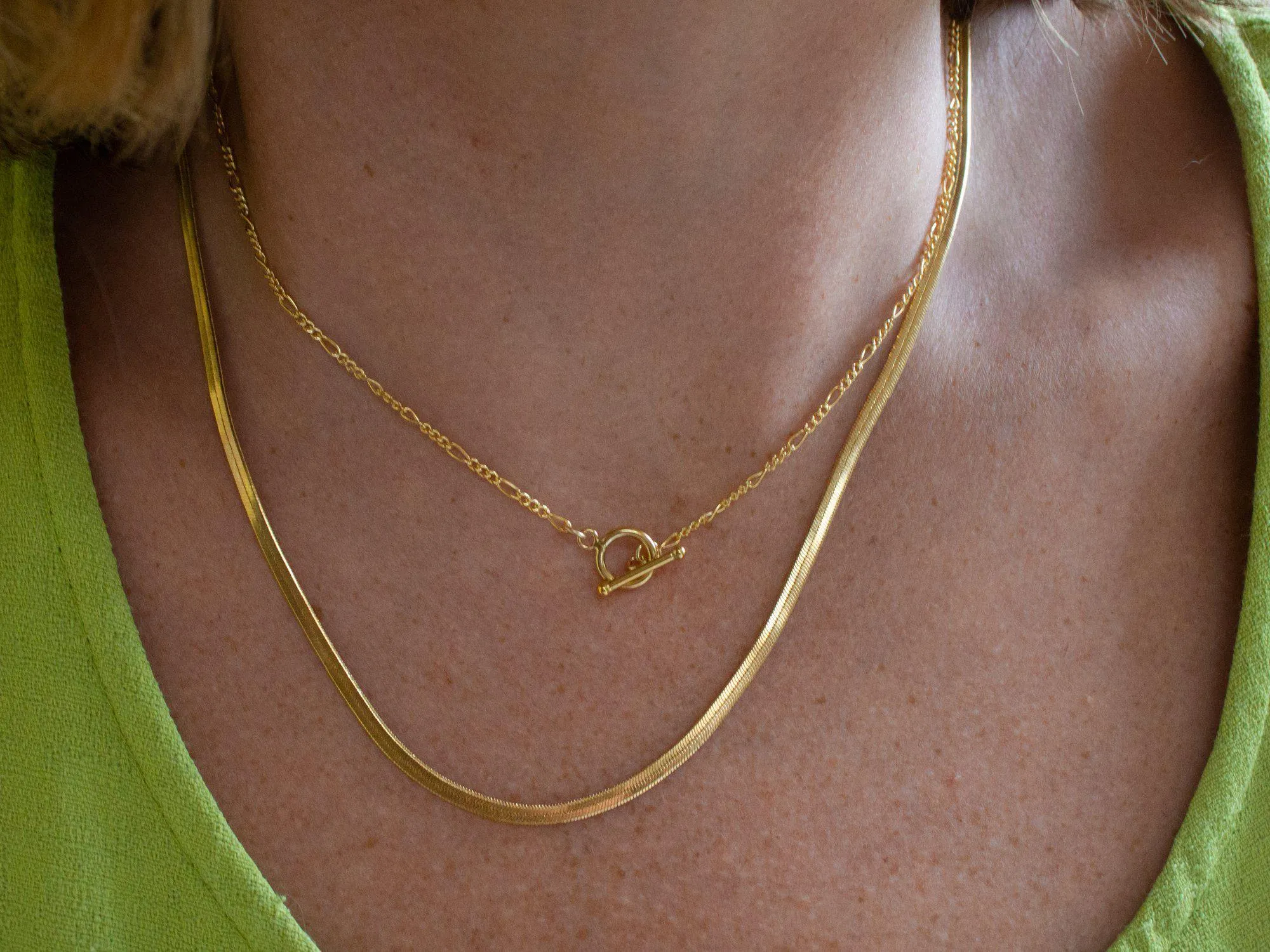 Gold Herringbone and Thin Figaro Toggle Clasp Necklace Set