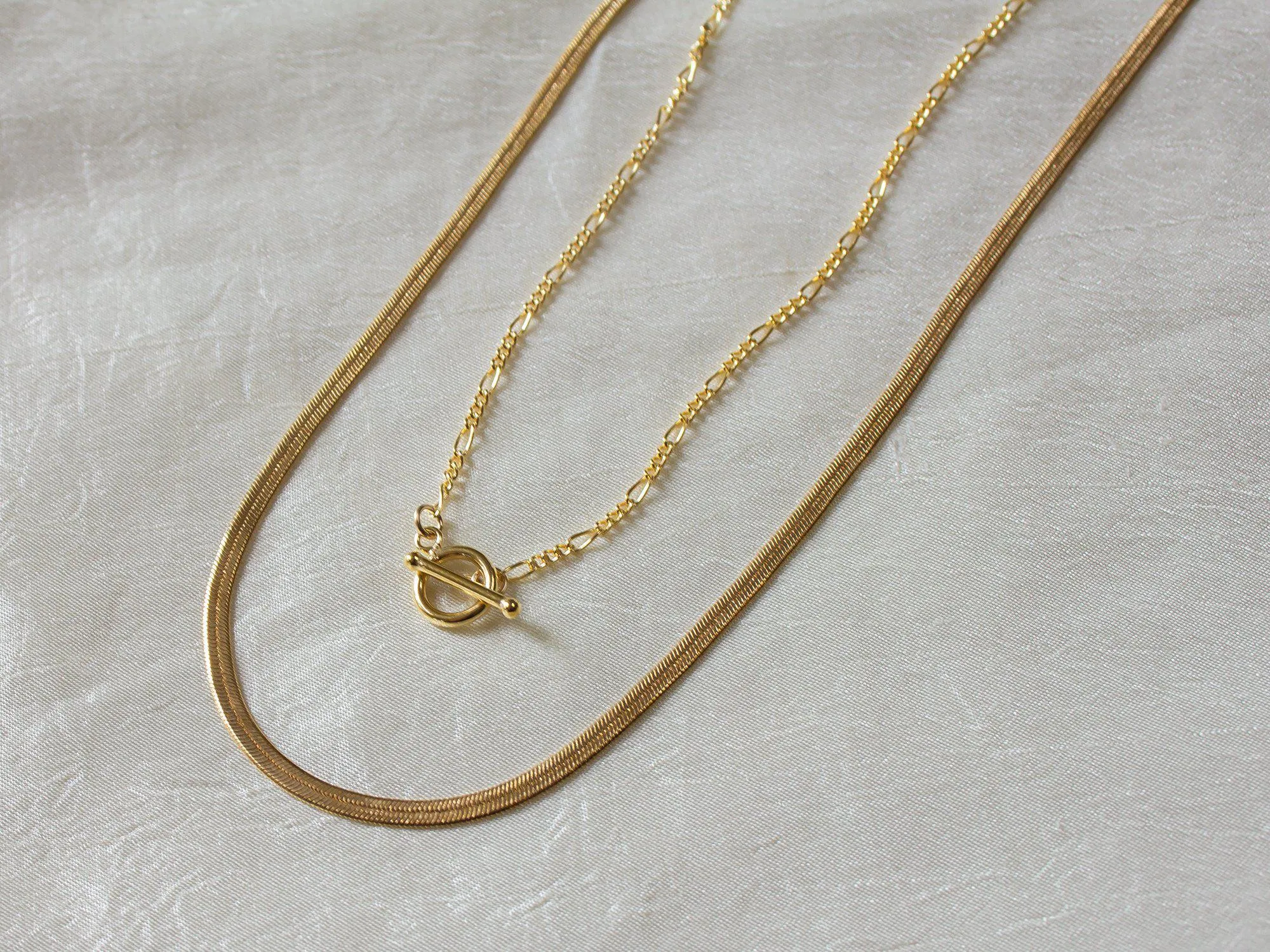 Gold Herringbone and Thin Figaro Toggle Clasp Necklace Set
