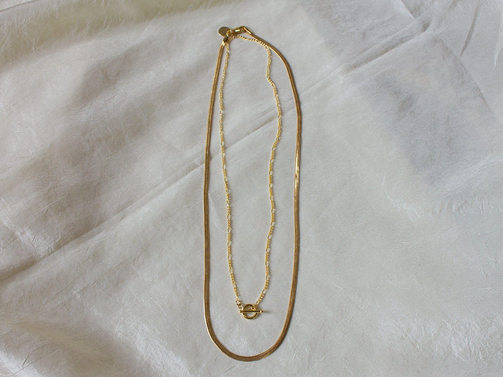 Gold Herringbone and Thin Figaro Toggle Clasp Necklace Set