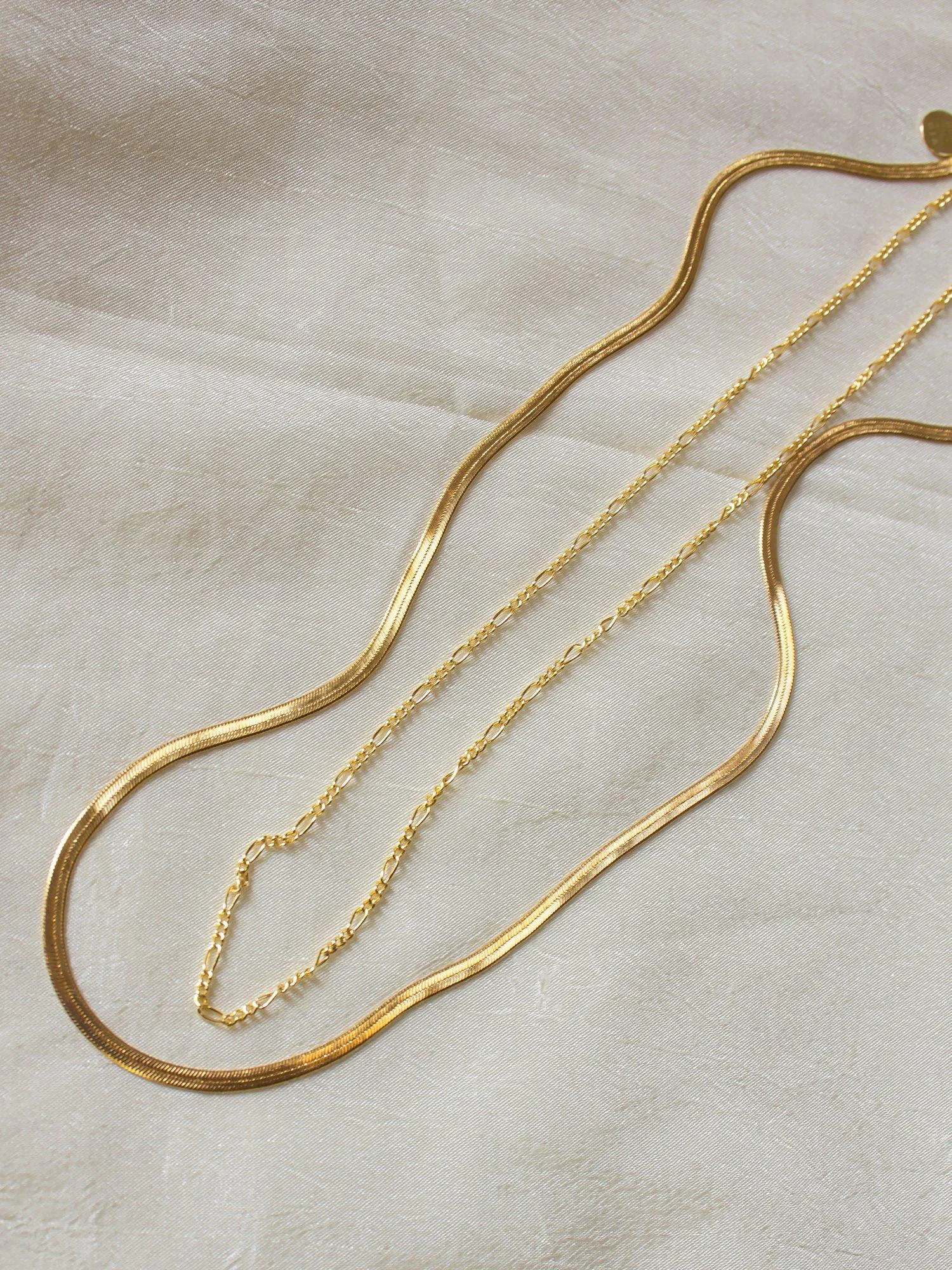 Gold Herringbone and Thin Figaro Toggle Clasp Necklace Set