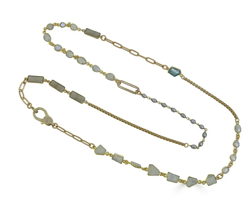 Gold Moonstone, Aquamarine and Pearl Long Necklace