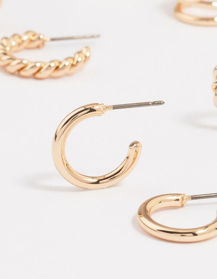 Gold Twisted & Sleek Hoop Earrings 6-Pack