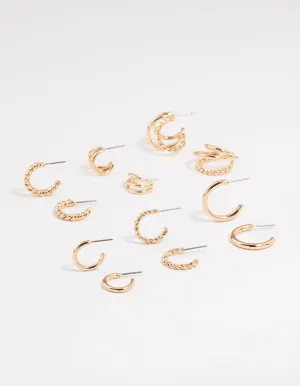 Gold Twisted & Sleek Hoop Earrings 6-Pack