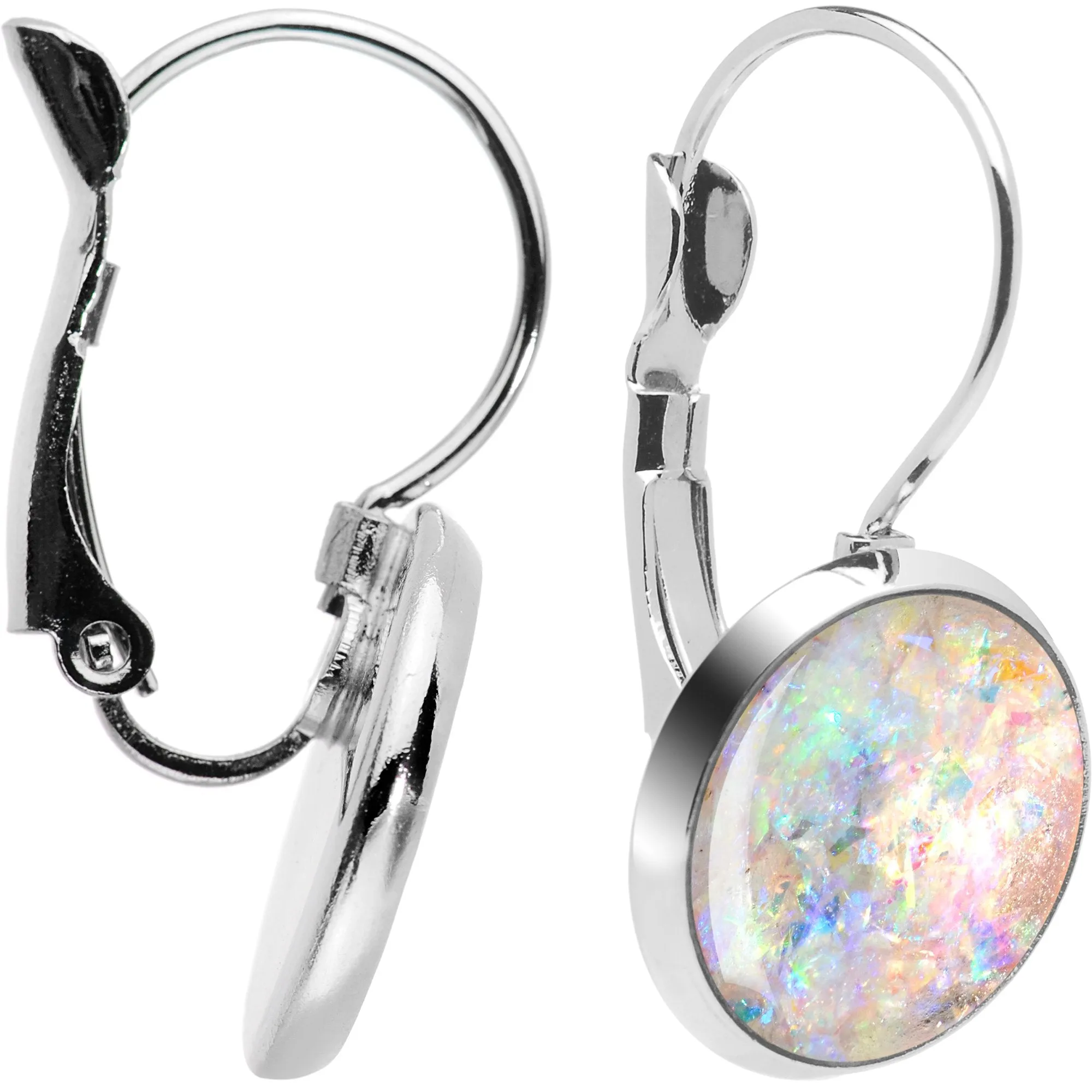 Handcrafted White Faux Opal Splash Leverback Earrings