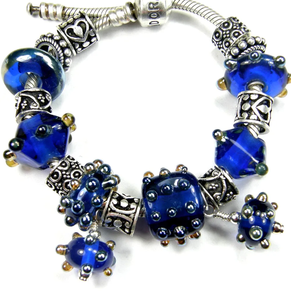 Handmade Large Hole Lampwork Beads, Glass Diamond Beads, Blue Metallic Dots