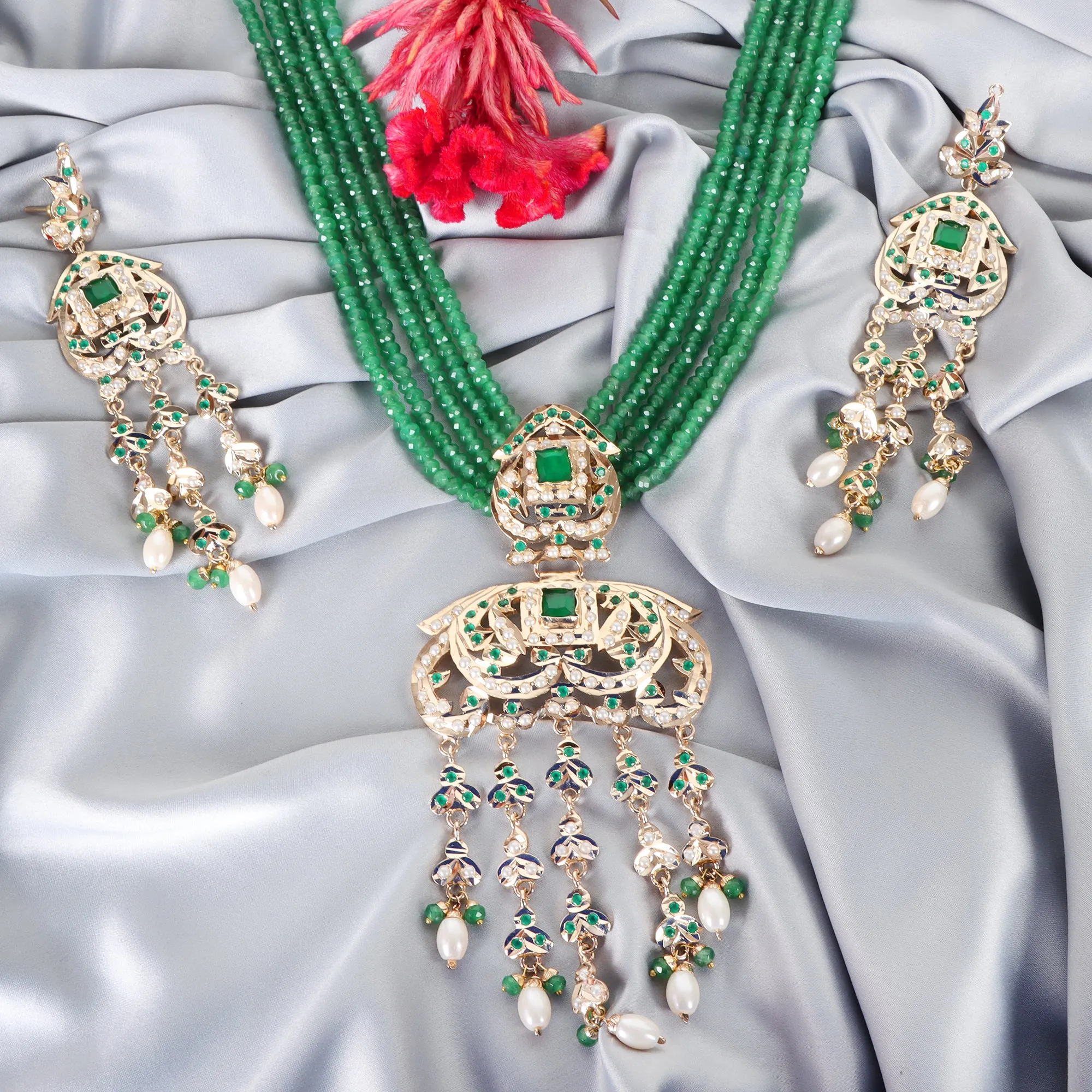 Heritage Jadau Necklace with Emerald Green Beads