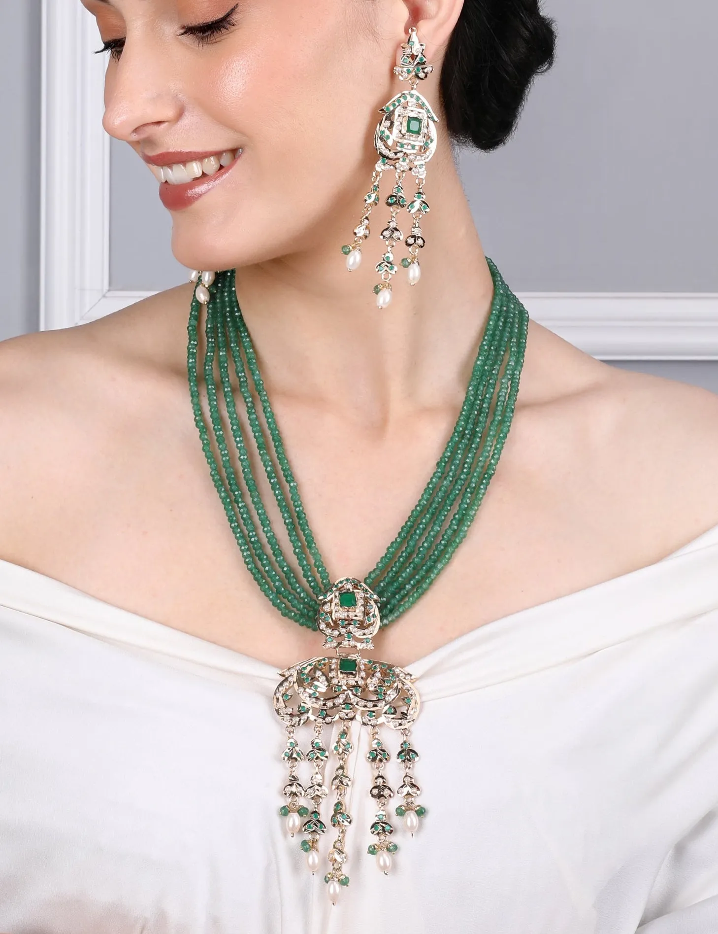 Heritage Jadau Necklace with Emerald Green Beads