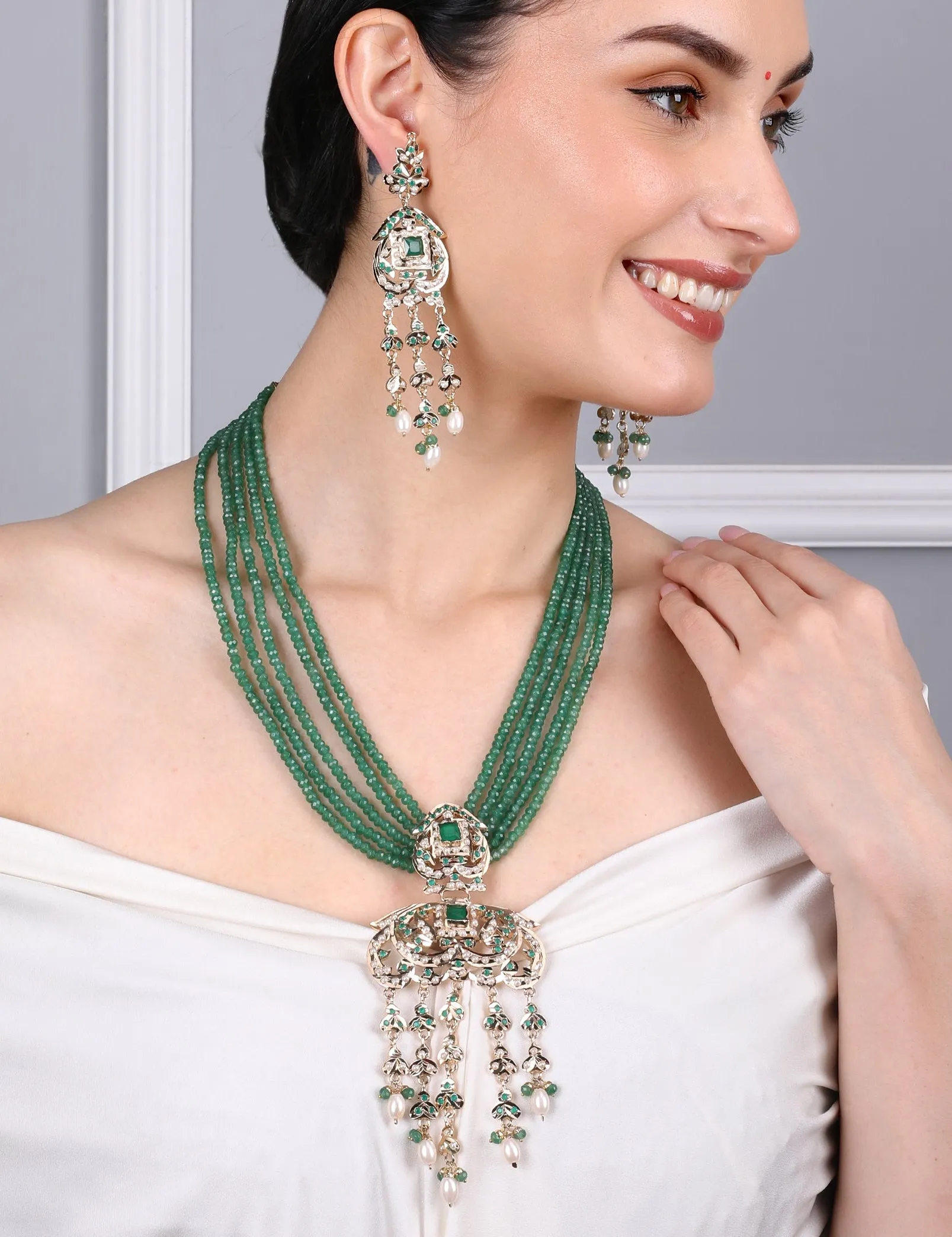 Heritage Jadau Necklace with Emerald Green Beads