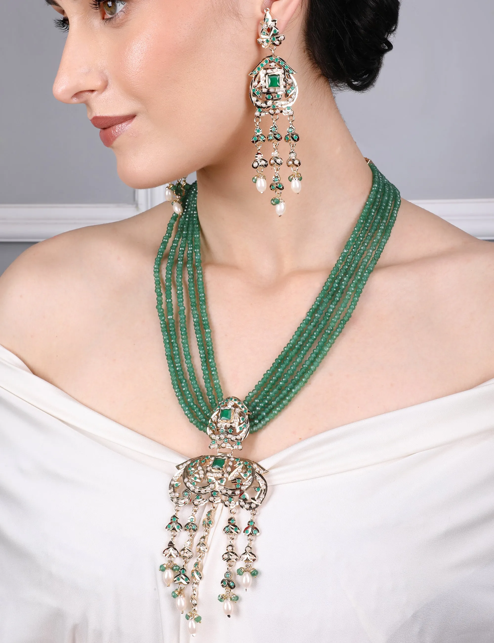 Heritage Jadau Necklace with Emerald Green Beads