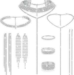 Hicarer 3 Sets Rhinestone Jewelry Set for Women Including Rhinestone Choker Necklace Bracelet Bangle and Earrings for Girl Wedding Birthday Party Accessories