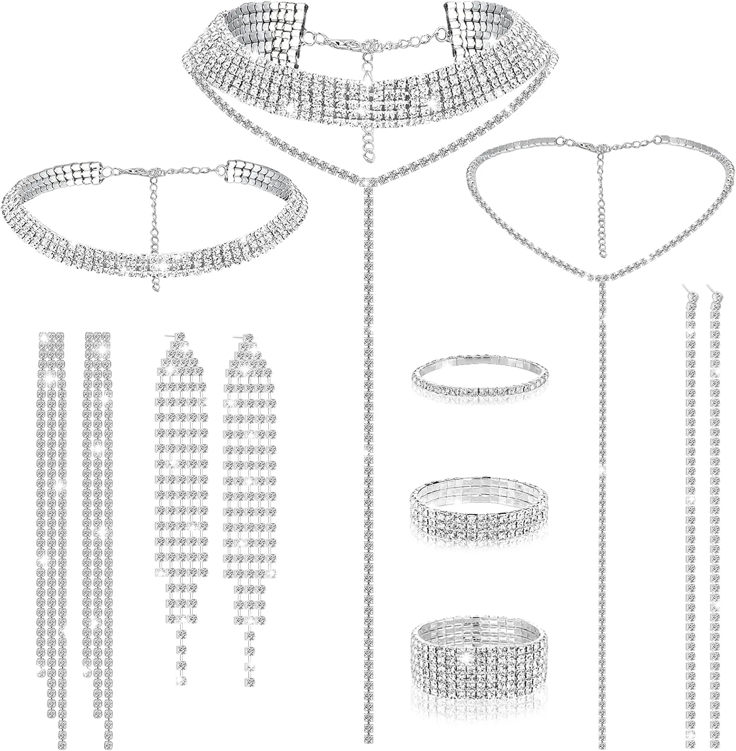 Hicarer 3 Sets Rhinestone Jewelry Set for Women Including Rhinestone Choker Necklace Bracelet Bangle and Earrings for Girl Wedding Birthday Party Accessories