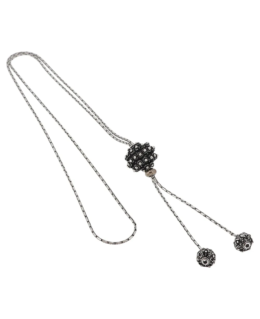 Hill-Tribe Silver Lariat Necklace with Floral Sphere & Beaded Ends