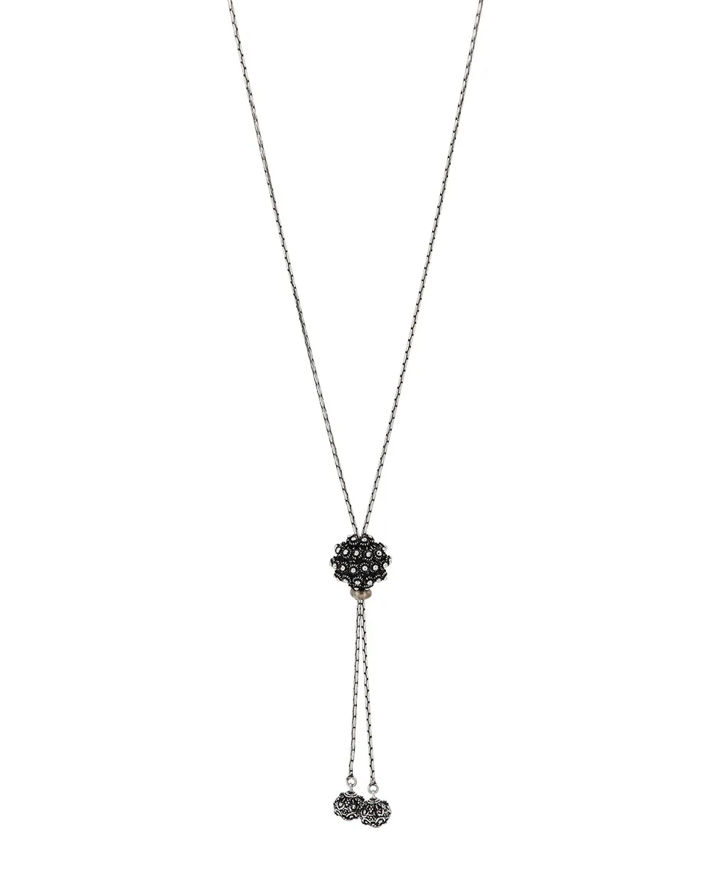 Hill-Tribe Silver Lariat Necklace with Floral Sphere & Beaded Ends