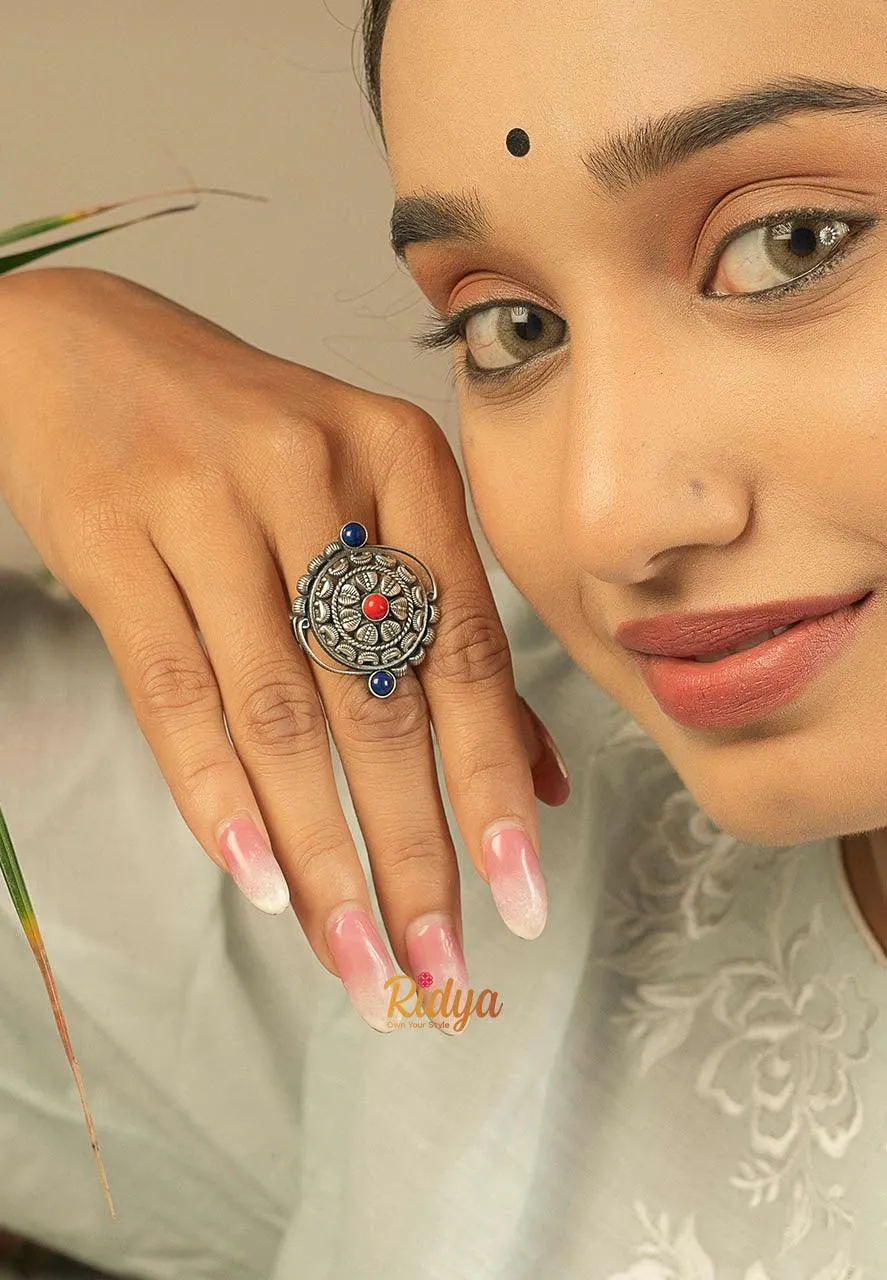 Intricate Kolhapuri Coral and Blue Ring
