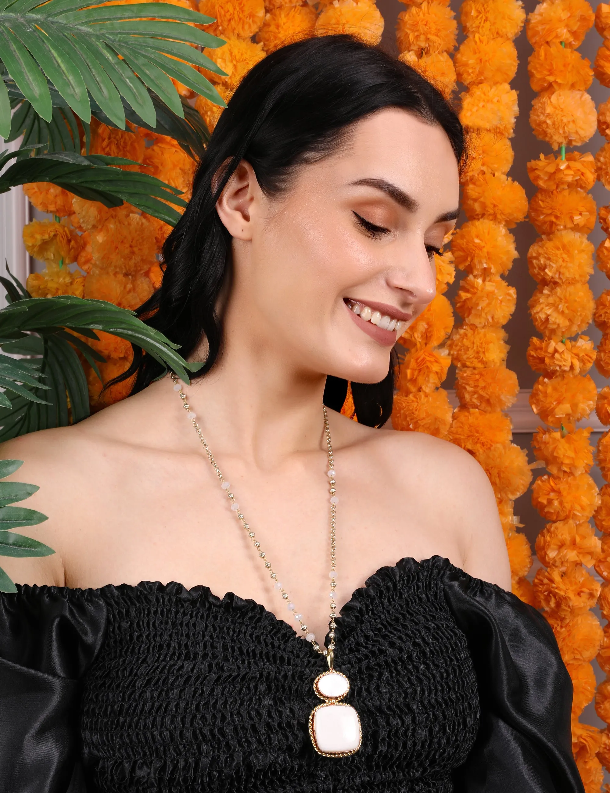 Ivory and Rose Quartz Dual-Pendant Necklace with Gold Beaded Chain