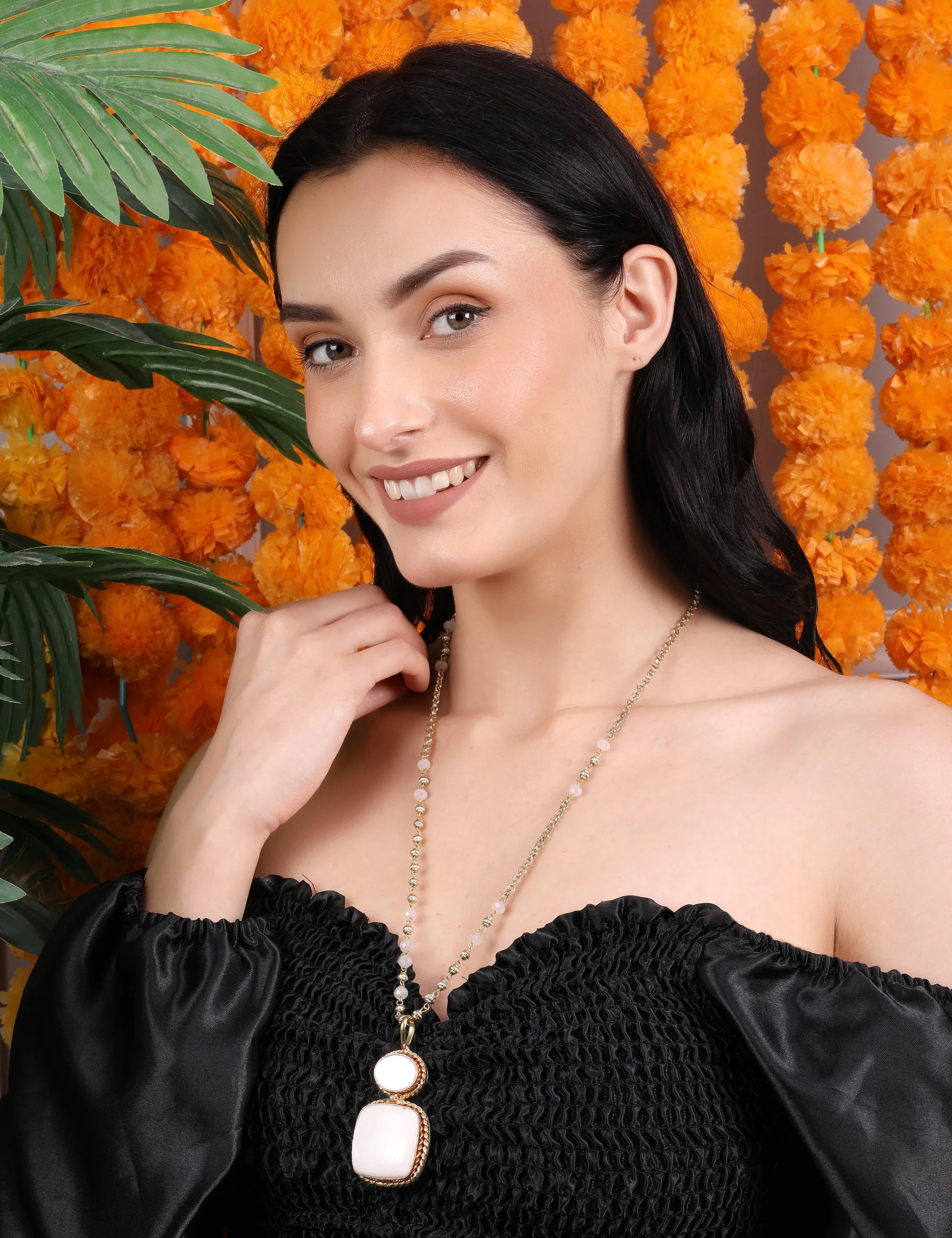 Ivory and Rose Quartz Dual-Pendant Necklace with Gold Beaded Chain