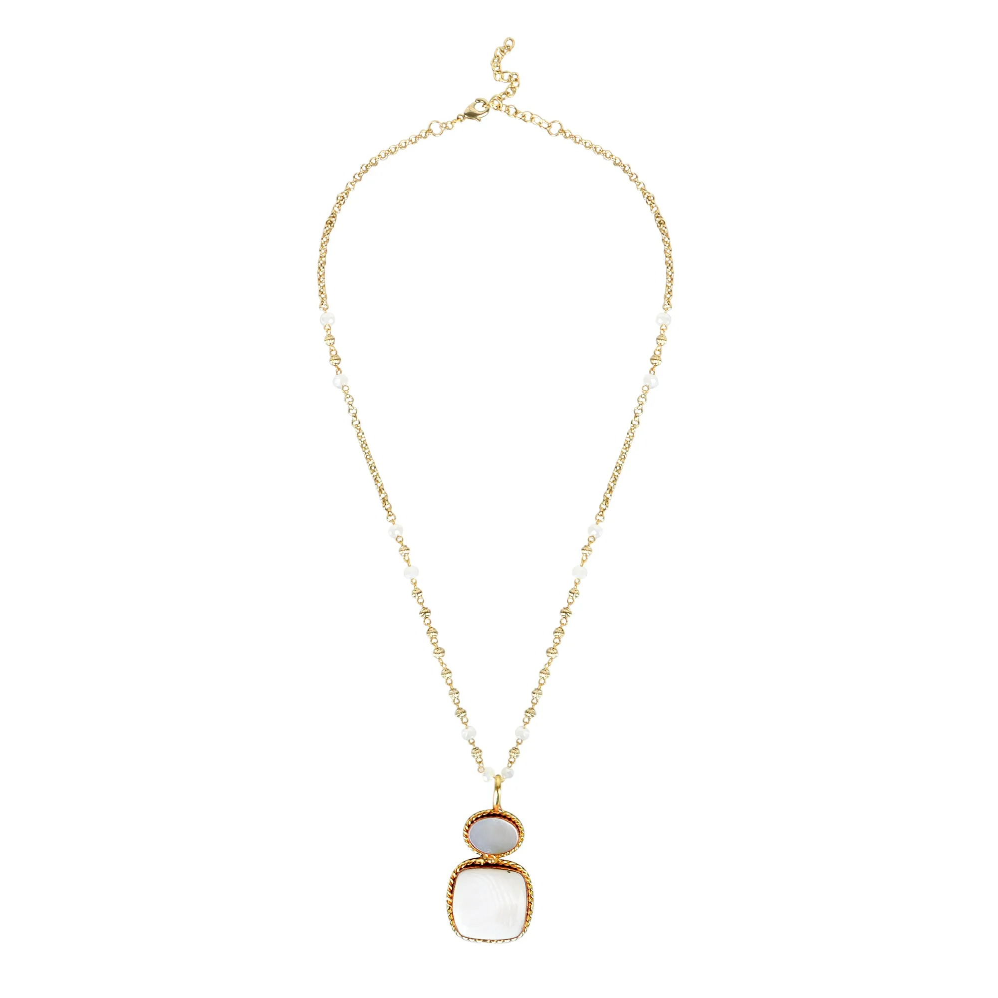 Ivory and Rose Quartz Dual-Pendant Necklace with Gold Beaded Chain