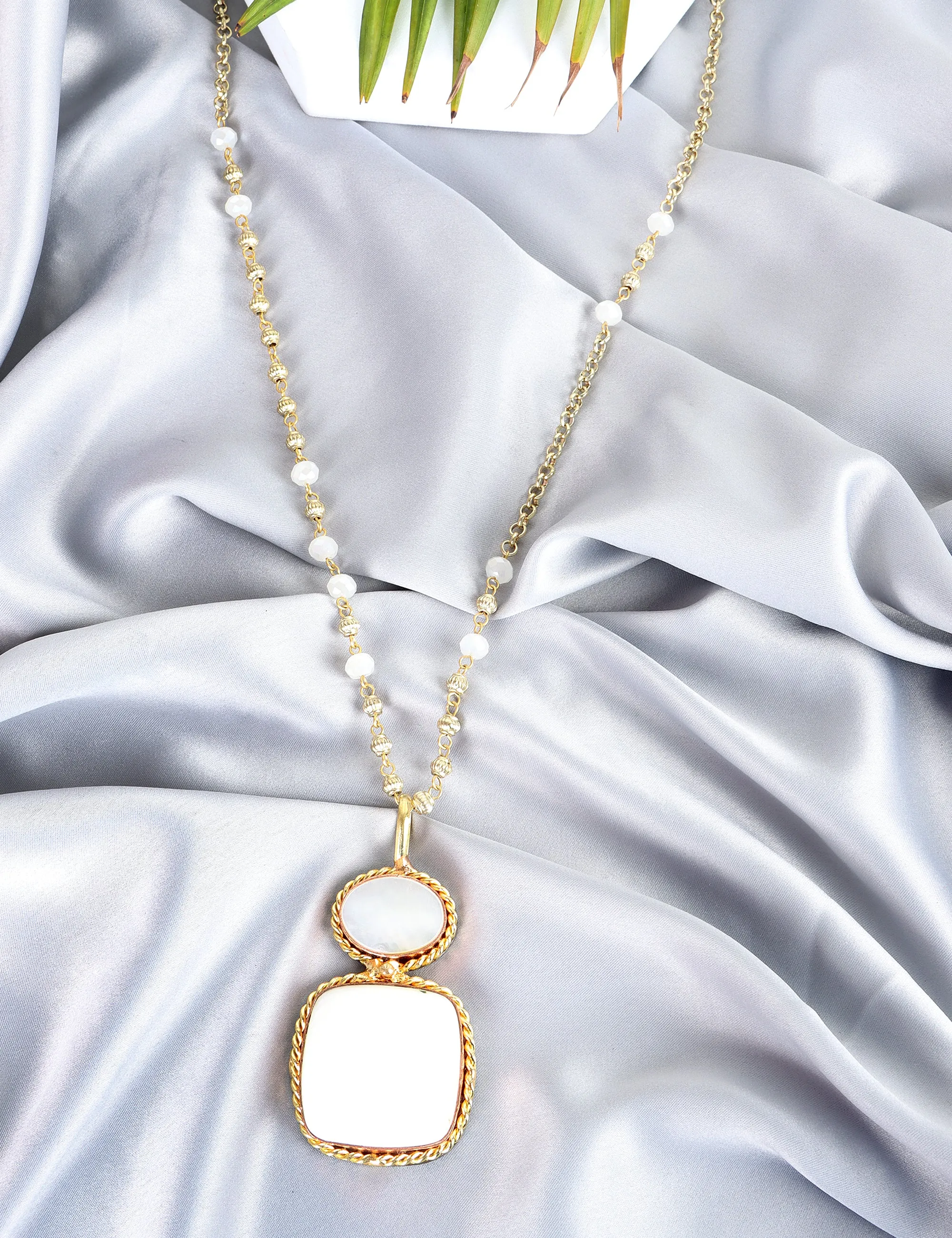 Ivory and Rose Quartz Dual-Pendant Necklace with Gold Beaded Chain