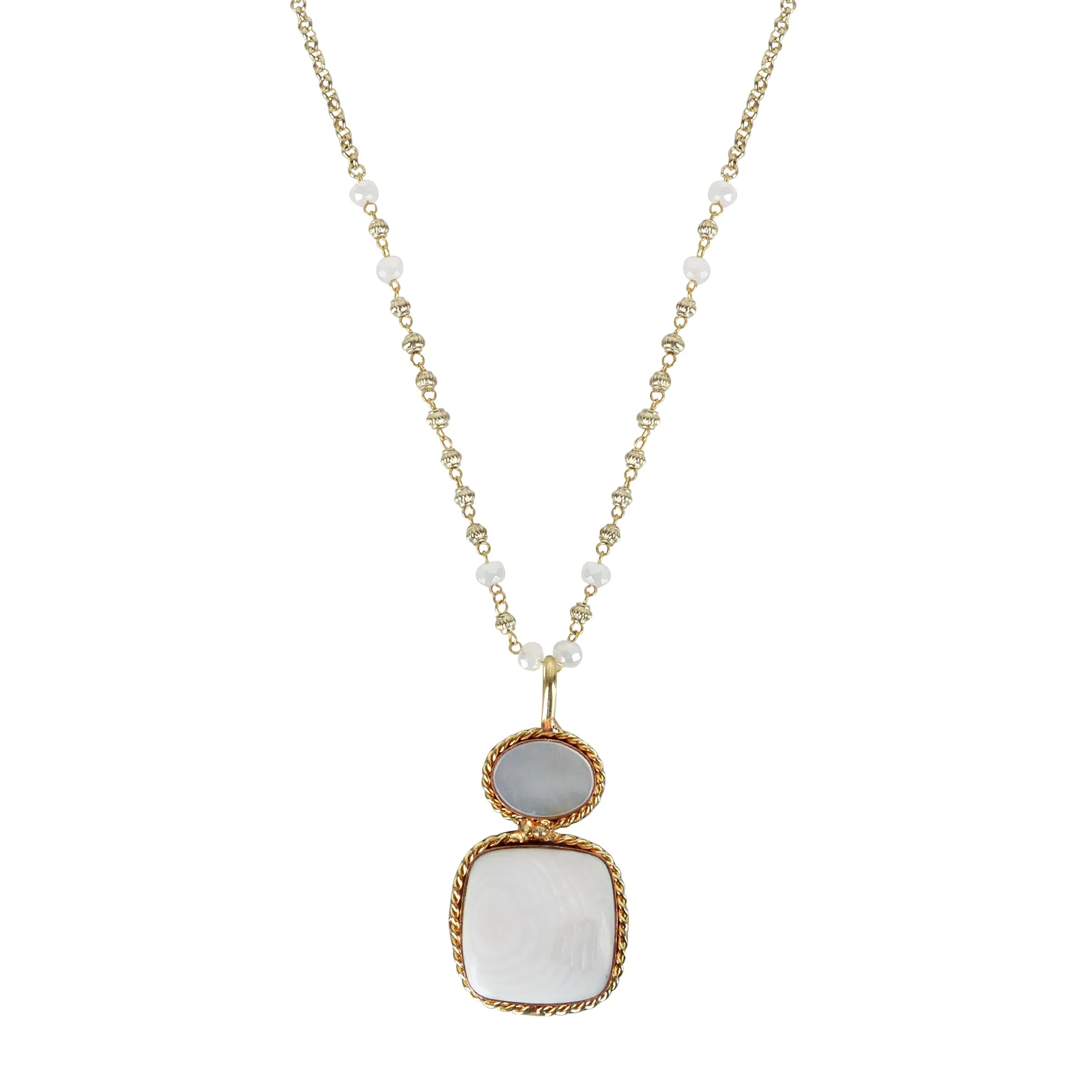 Ivory and Rose Quartz Dual-Pendant Necklace with Gold Beaded Chain