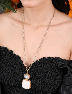 Ivory and Rose Quartz Dual-Pendant Necklace with Gold Beaded Chain