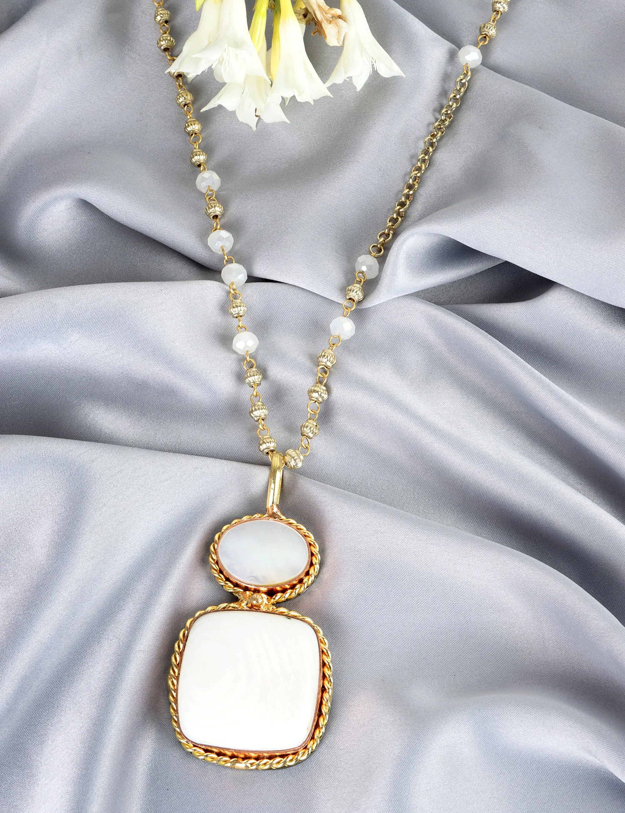 Ivory and Rose Quartz Dual-Pendant Necklace with Gold Beaded Chain