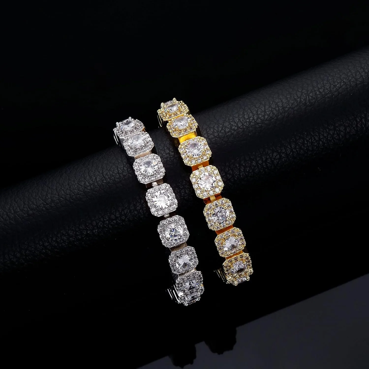 JINAO 10MM Silver Tennis Bracelet for Men Women 18k Gold Plated Iced Out Cubic Zirconia Diamond Square Halo Cluster Wrist Chain Jumbo Bracelet (Silver, 8.0)