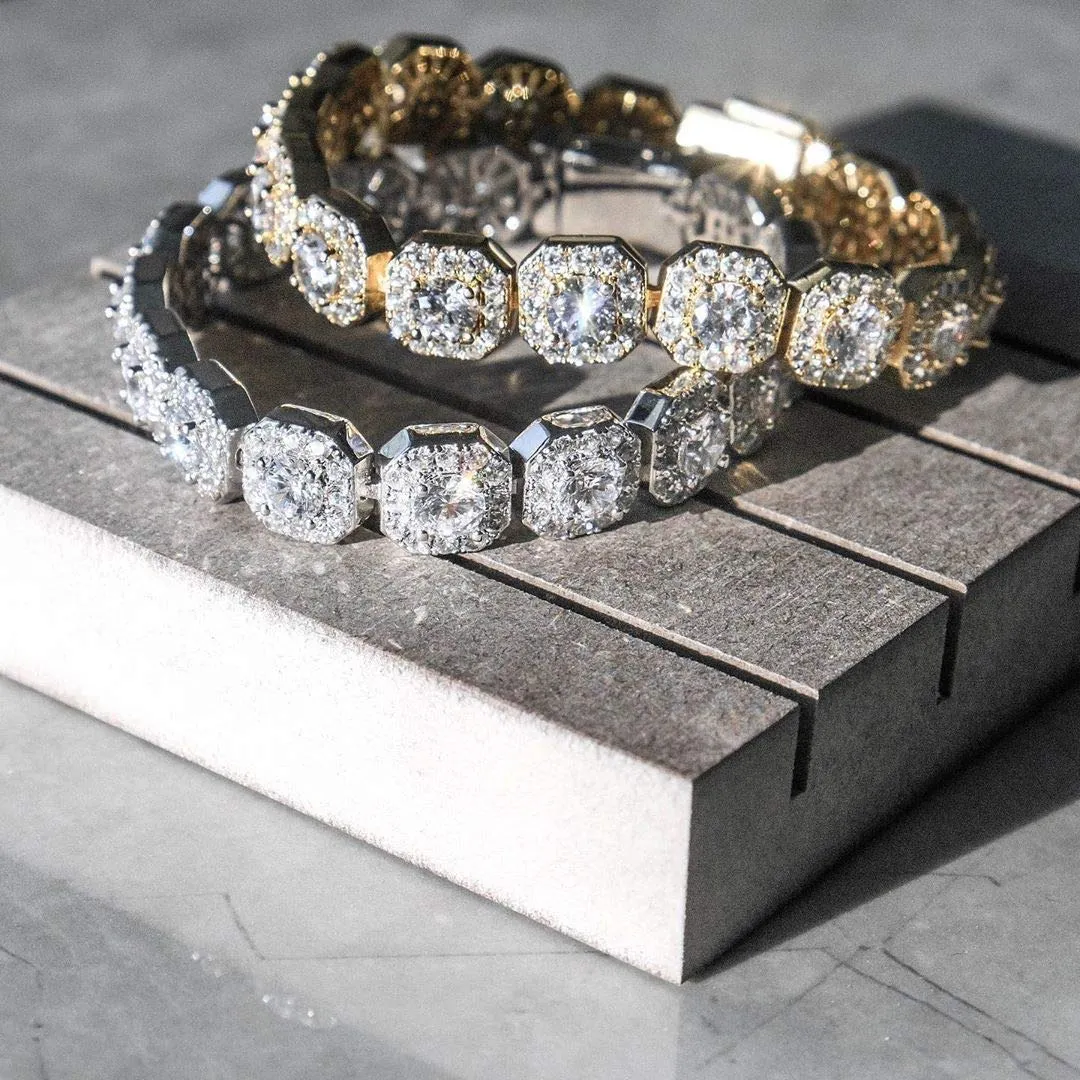 JINAO 10MM Silver Tennis Bracelet for Men Women 18k Gold Plated Iced Out Cubic Zirconia Diamond Square Halo Cluster Wrist Chain Jumbo Bracelet (Silver, 8.0)