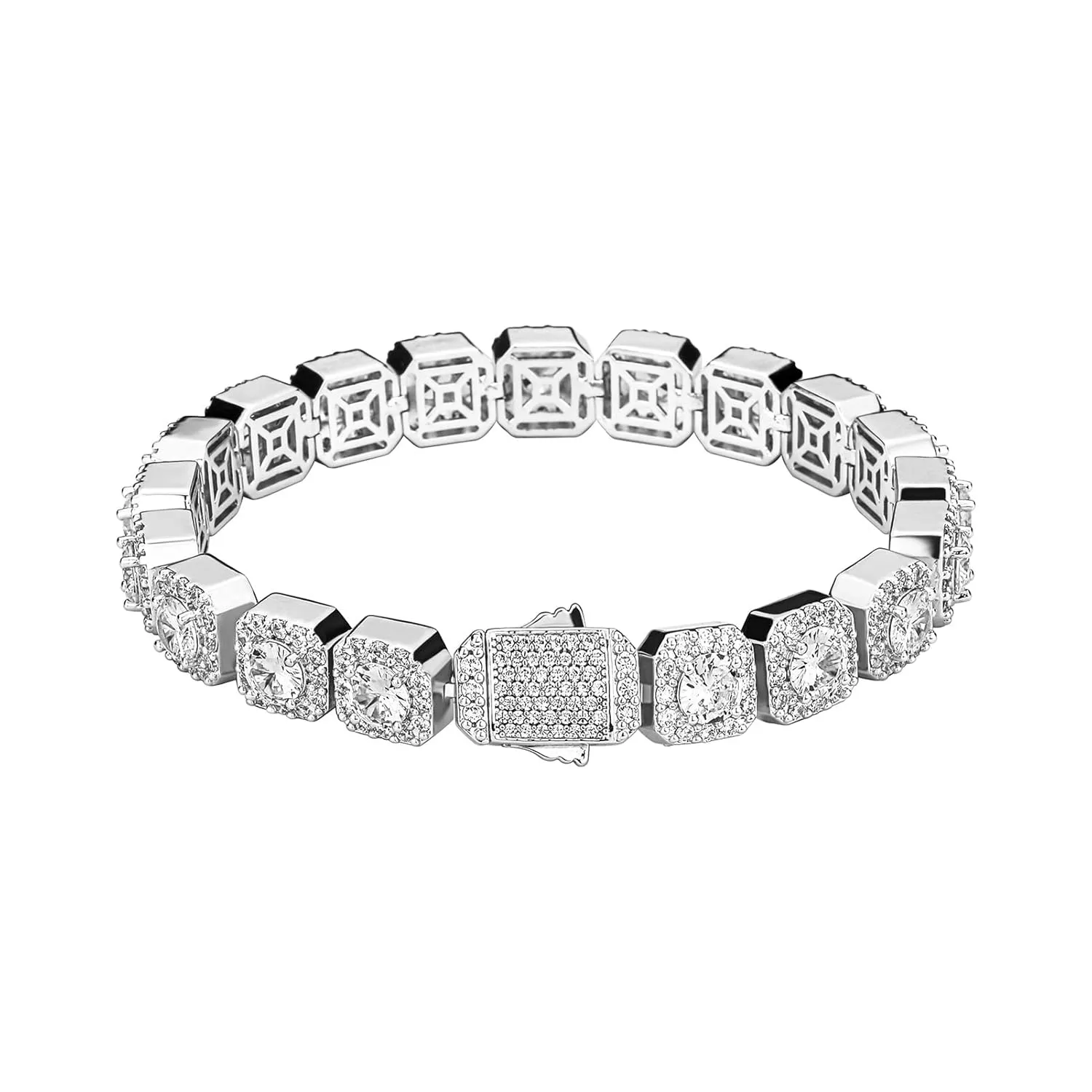 JINAO 10MM Silver Tennis Bracelet for Men Women 18k Gold Plated Iced Out Cubic Zirconia Diamond Square Halo Cluster Wrist Chain Jumbo Bracelet (Silver, 8.0)