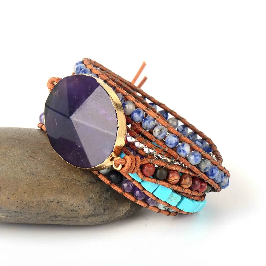 La Femme Purple Natural Stones Onyx Leather Wrap Bracelet
