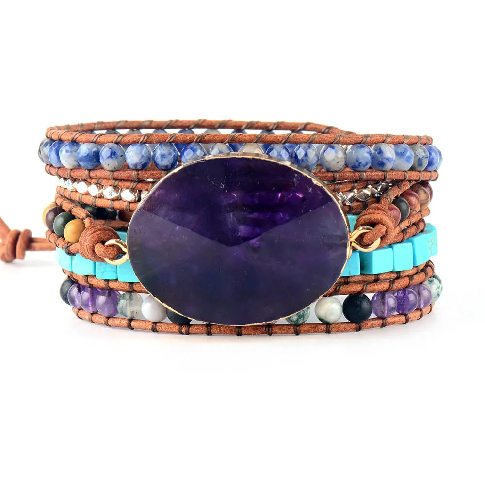 La Femme Purple Natural Stones Onyx Leather Wrap Bracelet