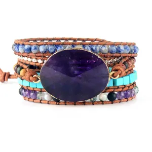 La Femme Purple Natural Stones Onyx Leather Wrap Bracelet