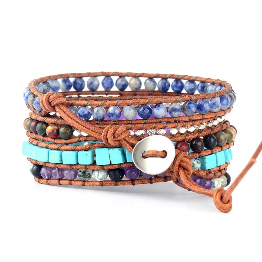 La Femme Purple Natural Stones Onyx Leather Wrap Bracelet