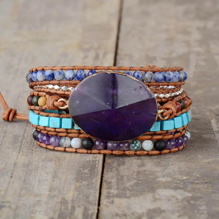 La Femme Purple Natural Stones Onyx Leather Wrap Bracelet