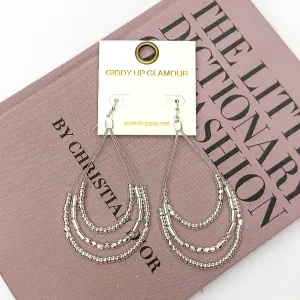 Layered Open Teardrop Earrings With Beads in Silver Tone