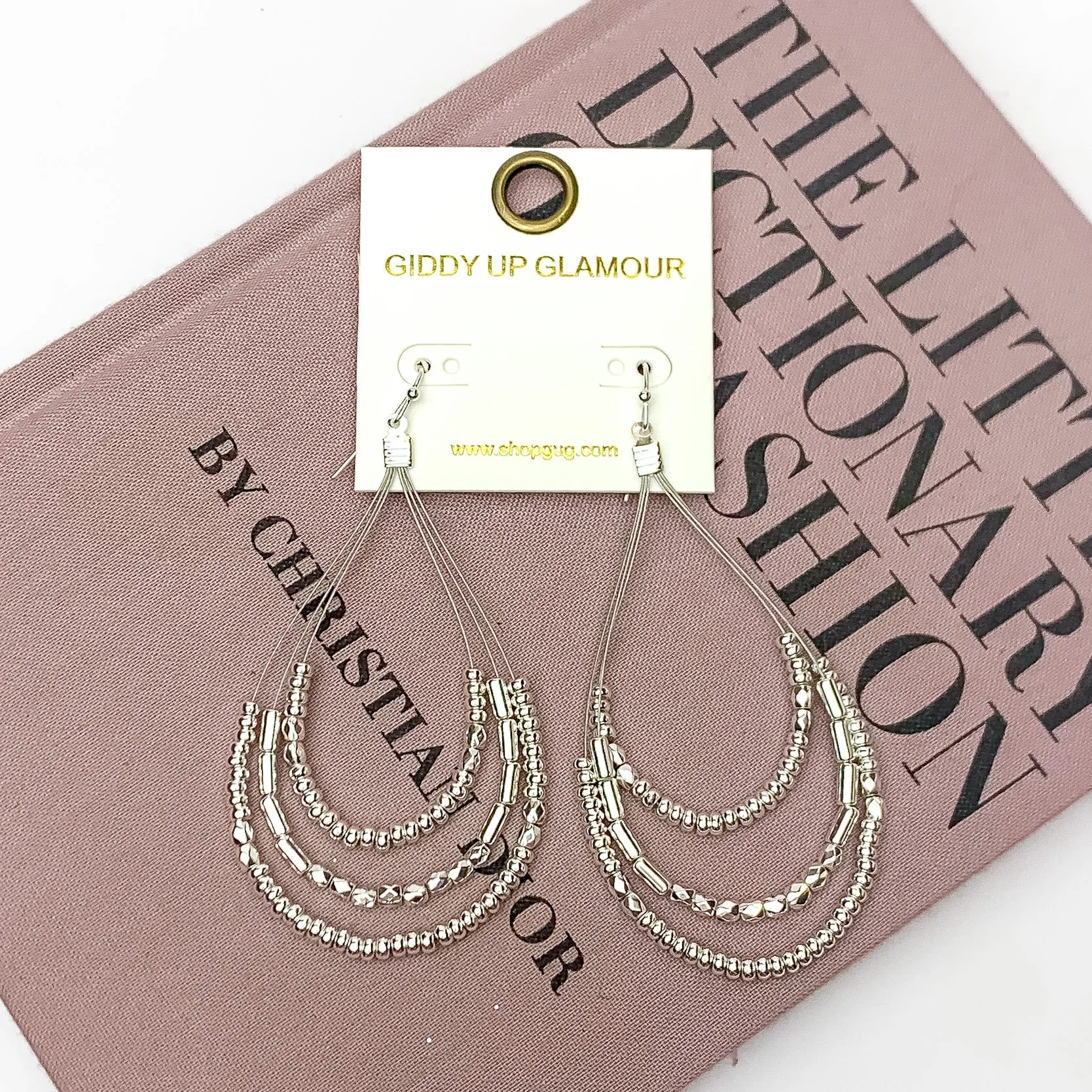 Layered Open Teardrop Earrings With Beads in Silver Tone