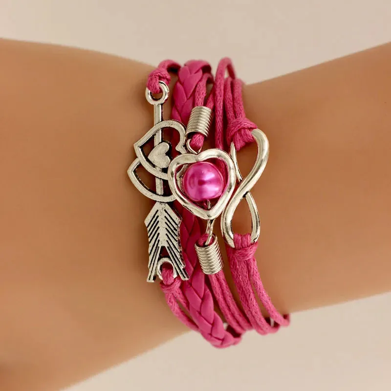 Leather Bracelets Wrap Infinity Love Heart Pearl Friendship Antique  Charm Bracelet