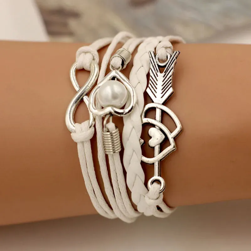 Leather Bracelets Wrap Infinity Love Heart Pearl Friendship Antique  Charm Bracelet