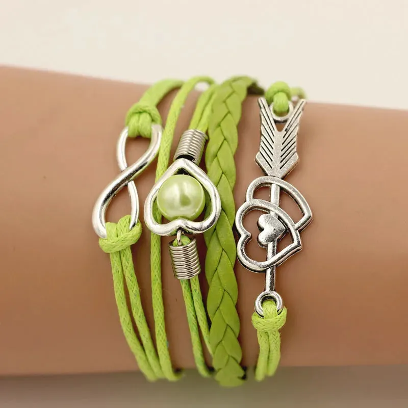 Leather Bracelets Wrap Infinity Love Heart Pearl Friendship Antique  Charm Bracelet