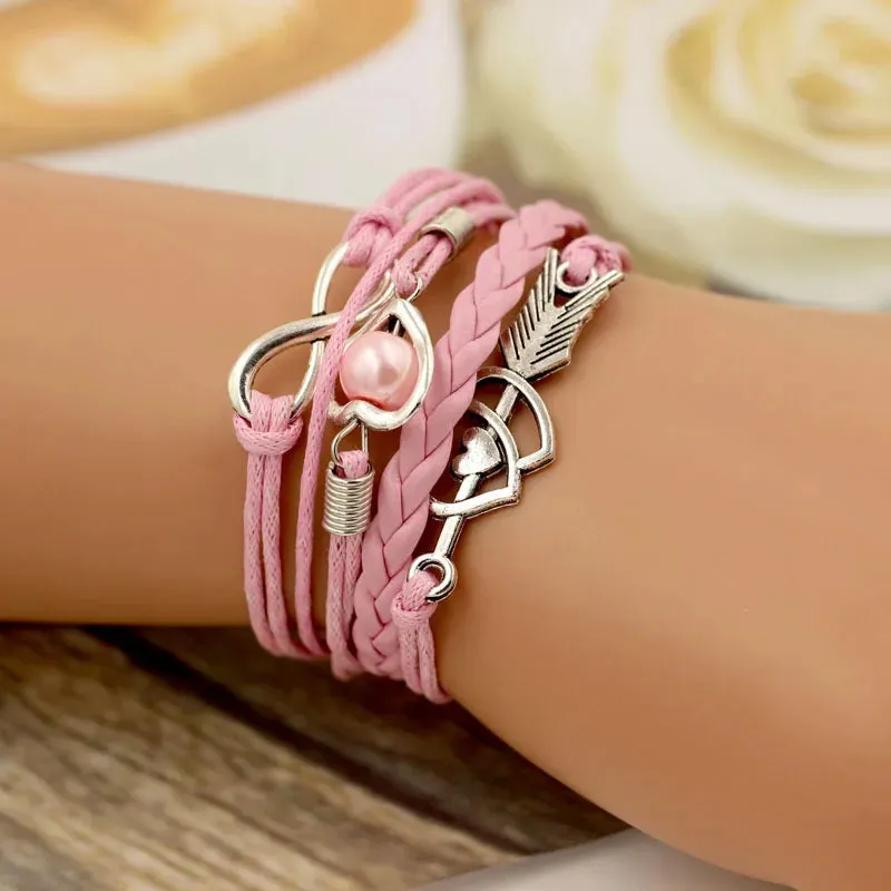 Leather Bracelets Wrap Infinity Love Heart Pearl Friendship Antique  Charm Bracelet