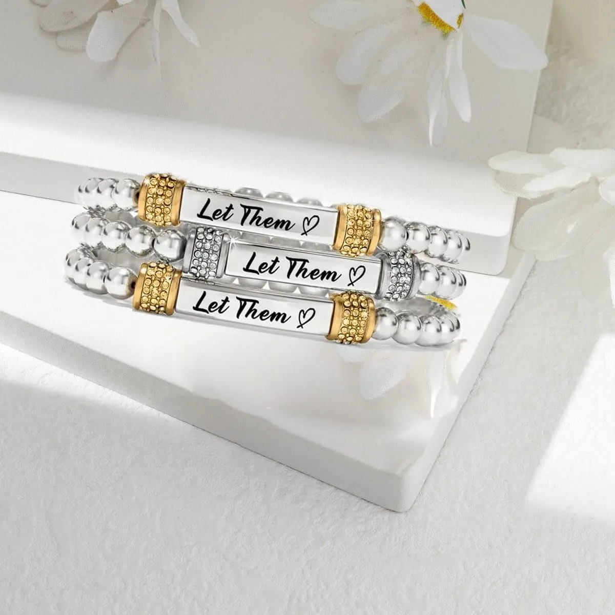 Let Them Dainty Diamond Beaded Stretch Bracelet,Self Worth Motivational Stainless Steel Engraving Bracelets Crystal Energy Chain Bracelet Friendship Bracelets Jewelry for Best Friend Women Men