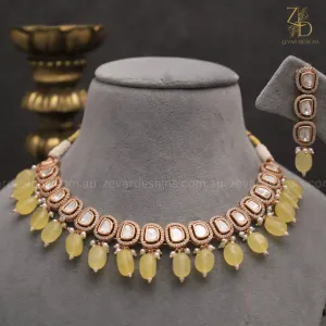 Lightweight Sleek Uncut Polki AD Necklace Set - Pastel yellow