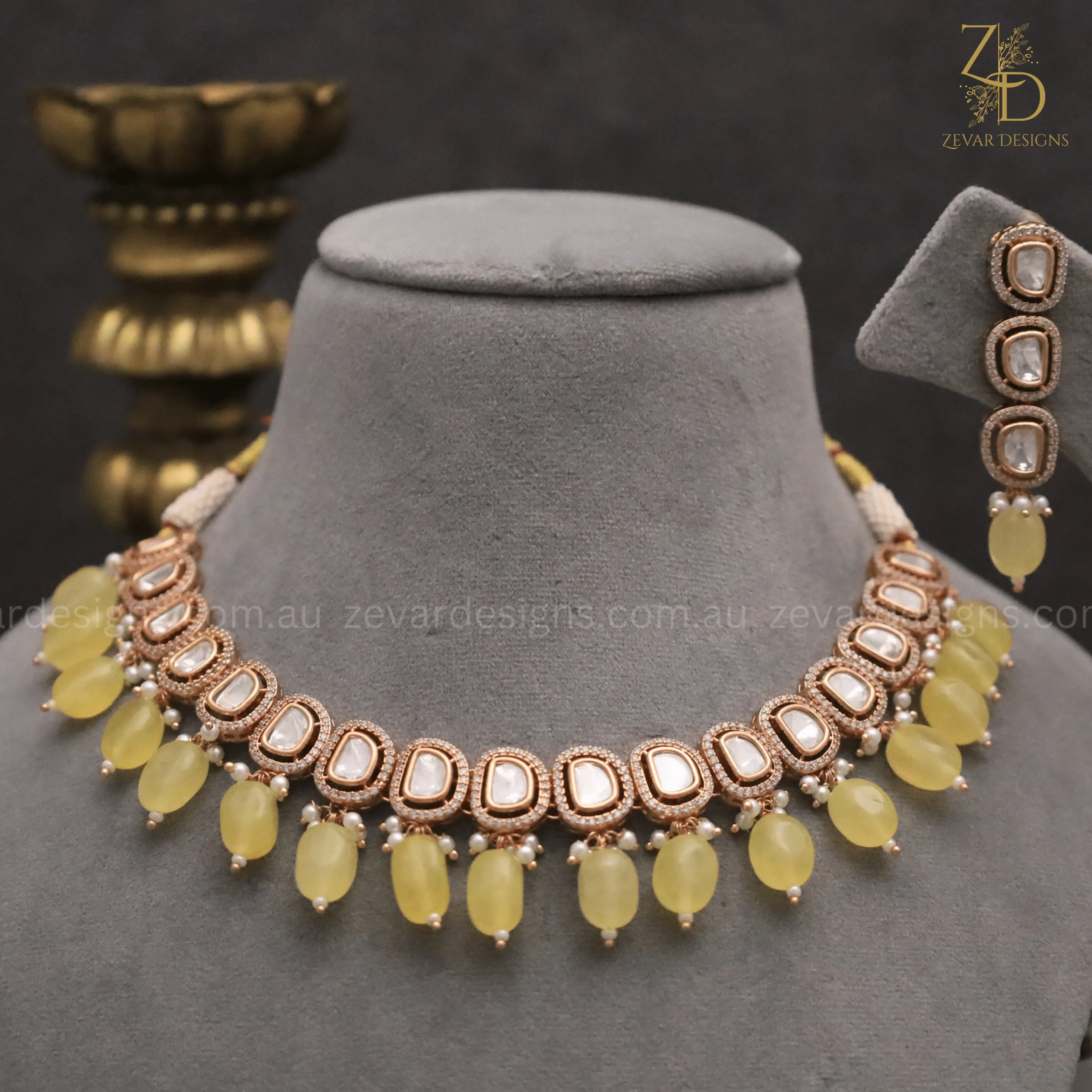 Lightweight Sleek Uncut Polki AD Necklace Set - Pastel yellow