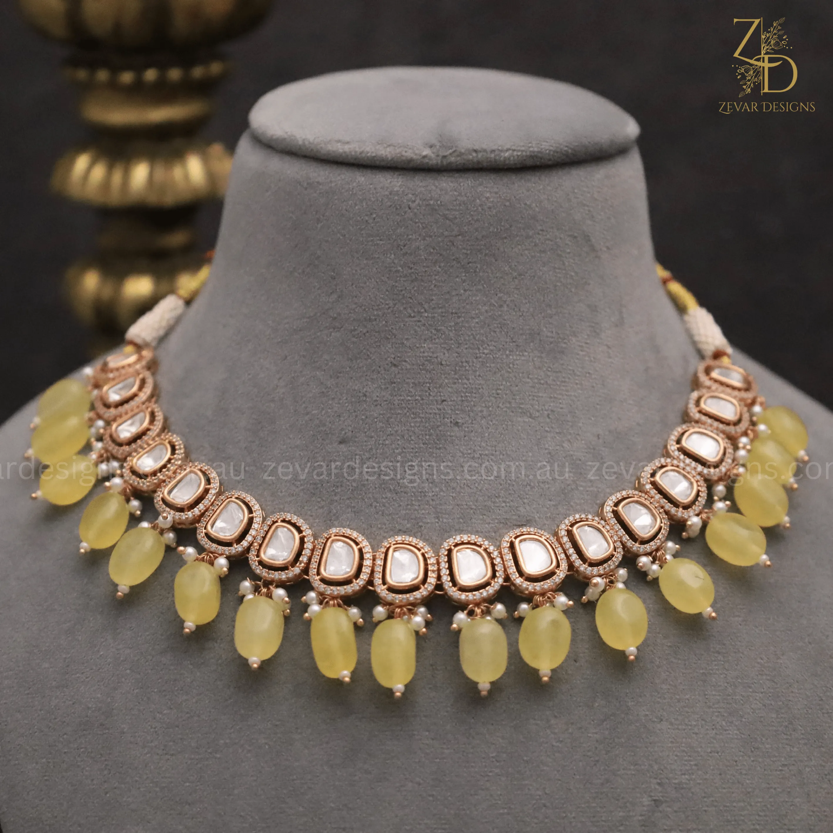 Lightweight Sleek Uncut Polki AD Necklace Set - Pastel yellow