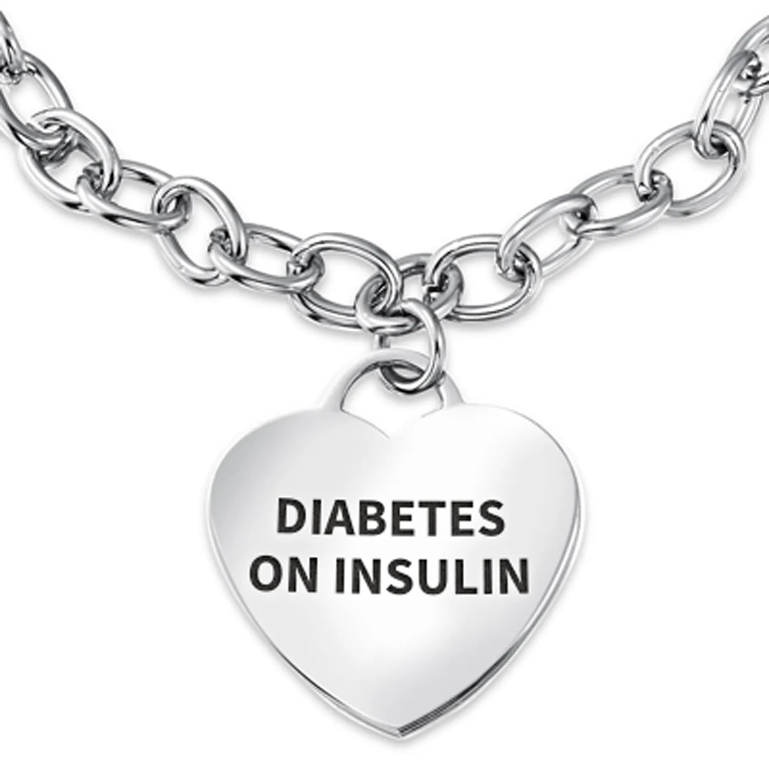 Link Chain Red Medical ID Bracelet with Heart Tag Silver Tone 7-7.5 Inch